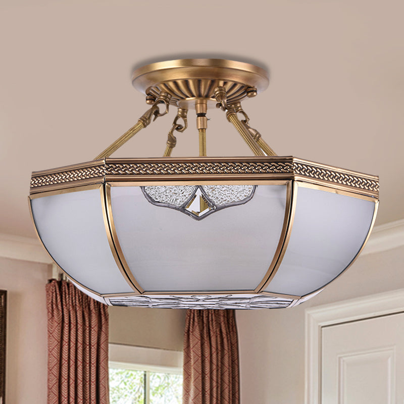 Brass Dome Semi Flush Mount Lamp Traditional Milk Glass 3 Bulbs Ceiling Mounted Light for Living Room Clearhalo 'Ceiling Lights' 'Close To Ceiling Lights' 'Close to ceiling' 'Glass shade' 'Glass' 'Semi-flushmount' Lighting' 237613