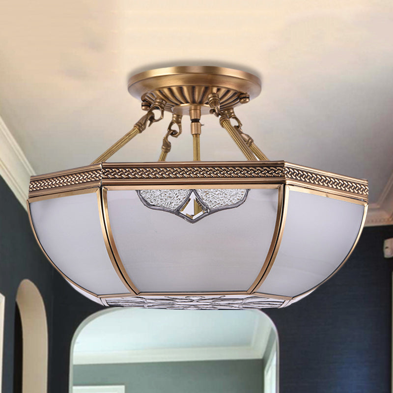 Brass Dome Semi Flush Mount Lamp Traditional Milk Glass 3 Bulbs Ceiling Mounted Light for Living Room Clearhalo 'Ceiling Lights' 'Close To Ceiling Lights' 'Close to ceiling' 'Glass shade' 'Glass' 'Semi-flushmount' Lighting' 237614