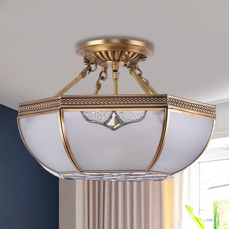 Brass Dome Semi Flush Mount Lamp Traditional Milk Glass 3 Bulbs Ceiling Mounted Light for Living Room Clearhalo 'Ceiling Lights' 'Close To Ceiling Lights' 'Close to ceiling' 'Glass shade' 'Glass' 'Semi-flushmount' Lighting' 237615