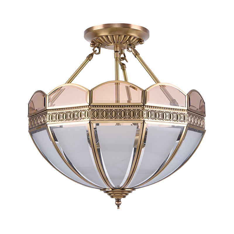 4 Bulbs Umbrella Semi Flush Mount Light Traditional Frosted Glass Ceiling Mounted Fixture in Brass Clearhalo 'Ceiling Lights' 'Close To Ceiling Lights' 'Close to ceiling' 'Glass shade' 'Glass' 'Semi-flushmount' Lighting' 237620
