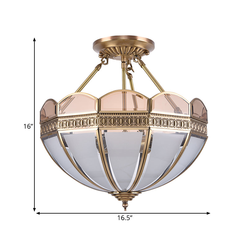 4 Bulbs Umbrella Semi Flush Mount Light Traditional Frosted Glass Ceiling Mounted Fixture in Brass Clearhalo 'Ceiling Lights' 'Close To Ceiling Lights' 'Close to ceiling' 'Glass shade' 'Glass' 'Semi-flushmount' Lighting' 237621