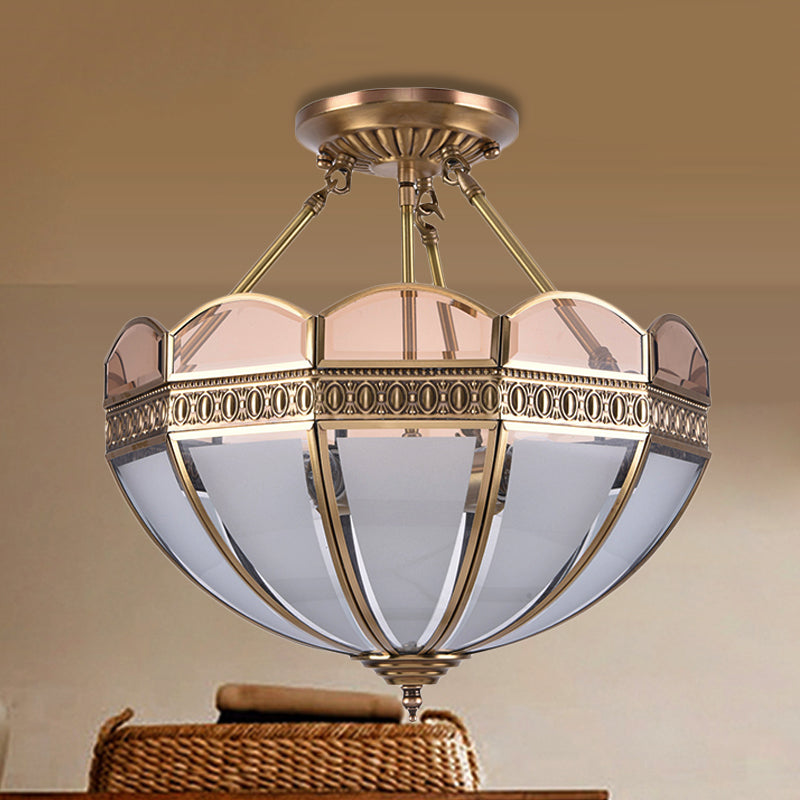 4 Bulbs Umbrella Semi Flush Mount Light Traditional Frosted Glass Ceiling Mounted Fixture in Brass Clearhalo 'Ceiling Lights' 'Close To Ceiling Lights' 'Close to ceiling' 'Glass shade' 'Glass' 'Semi-flushmount' Lighting' 237623