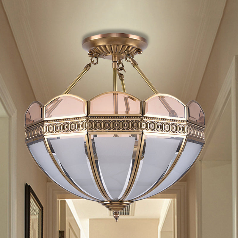 4 Bulbs Umbrella Semi Flush Mount Light Traditional Frosted Glass Ceiling Mounted Fixture in Brass Clearhalo 'Ceiling Lights' 'Close To Ceiling Lights' 'Close to ceiling' 'Glass shade' 'Glass' 'Semi-flushmount' Lighting' 237624