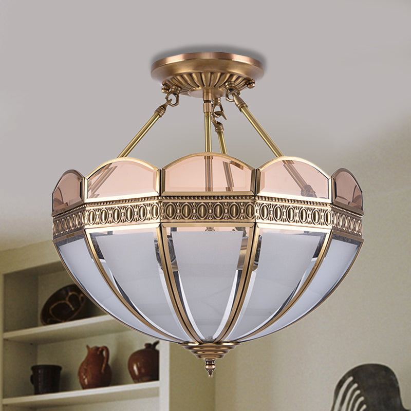 4 Bulbs Umbrella Semi Flush Mount Light Traditional Frosted Glass Ceiling Mounted Fixture in Brass Clearhalo 'Ceiling Lights' 'Close To Ceiling Lights' 'Close to ceiling' 'Glass shade' 'Glass' 'Semi-flushmount' Lighting' 237625