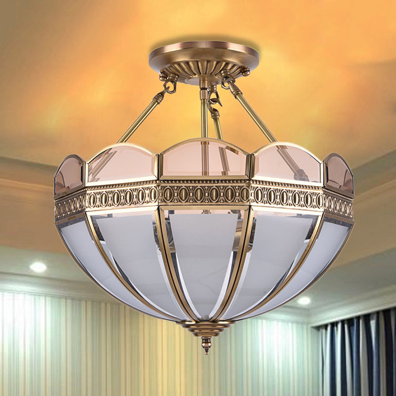 4 Bulbs Umbrella Semi Flush Mount Light Traditional Frosted Glass Ceiling Mounted Fixture in Brass Clearhalo 'Ceiling Lights' 'Close To Ceiling Lights' 'Close to ceiling' 'Glass shade' 'Glass' 'Semi-flushmount' Lighting' 237626