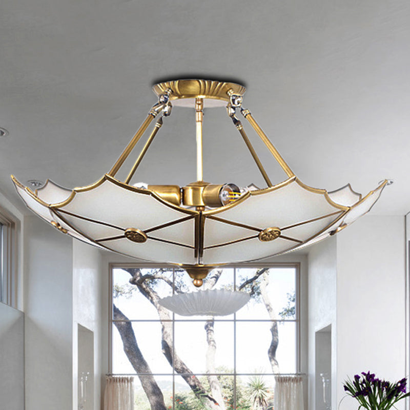 Umbrella Semi Flush Mount Tradition Metal Brass 3 Bulbs Ceiling Light Fixture for Hallway Clearhalo 'Ceiling Lights' 'Close To Ceiling Lights' 'Close to ceiling' 'Semi-flushmount' Lighting' 237632