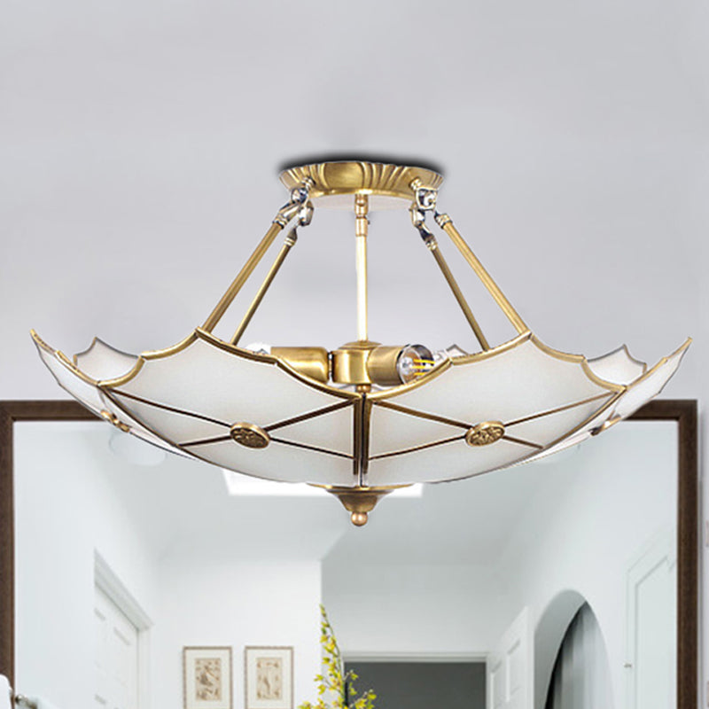 Umbrella Semi Flush Mount Tradition Metal Brass 3 Bulbs Ceiling Light Fixture for Hallway Clearhalo 'Ceiling Lights' 'Close To Ceiling Lights' 'Close to ceiling' 'Semi-flushmount' Lighting' 237633