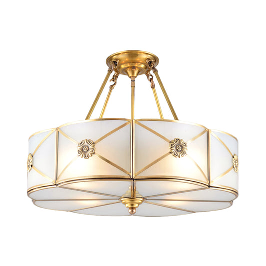 18"/23.5" Wide Drum Semi Flush Mount Traditional White Glass Brass 4/6 Bulbs Ceiling Mount Chandelier Clearhalo 'Ceiling Lights' 'Close To Ceiling Lights' 'Close to ceiling' 'Glass shade' 'Glass' 'Pendant Lights' 'Semi-flushmount' Lighting' 237662