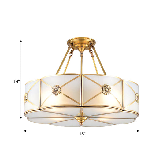 18"/23.5" Wide Drum Semi Flush Mount Traditional White Glass Brass 4/6 Bulbs Ceiling Mount Chandelier Clearhalo 'Ceiling Lights' 'Close To Ceiling Lights' 'Close to ceiling' 'Glass shade' 'Glass' 'Pendant Lights' 'Semi-flushmount' Lighting' 237663