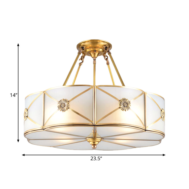 18"/23.5" Wide Drum Semi Flush Mount Traditional White Glass Brass 4/6 Bulbs Ceiling Mount Chandelier Clearhalo 'Ceiling Lights' 'Close To Ceiling Lights' 'Close to ceiling' 'Glass shade' 'Glass' 'Pendant Lights' 'Semi-flushmount' Lighting' 237664