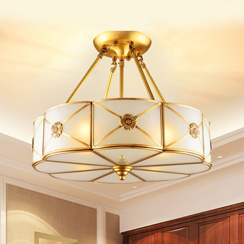 18"/23.5" Wide Drum Semi Flush Mount Traditional White Glass Brass 4/6 Bulbs Ceiling Mount Chandelier Brass Clearhalo 'Ceiling Lights' 'Close To Ceiling Lights' 'Close to ceiling' 'Glass shade' 'Glass' 'Pendant Lights' 'Semi-flushmount' Lighting' 237667