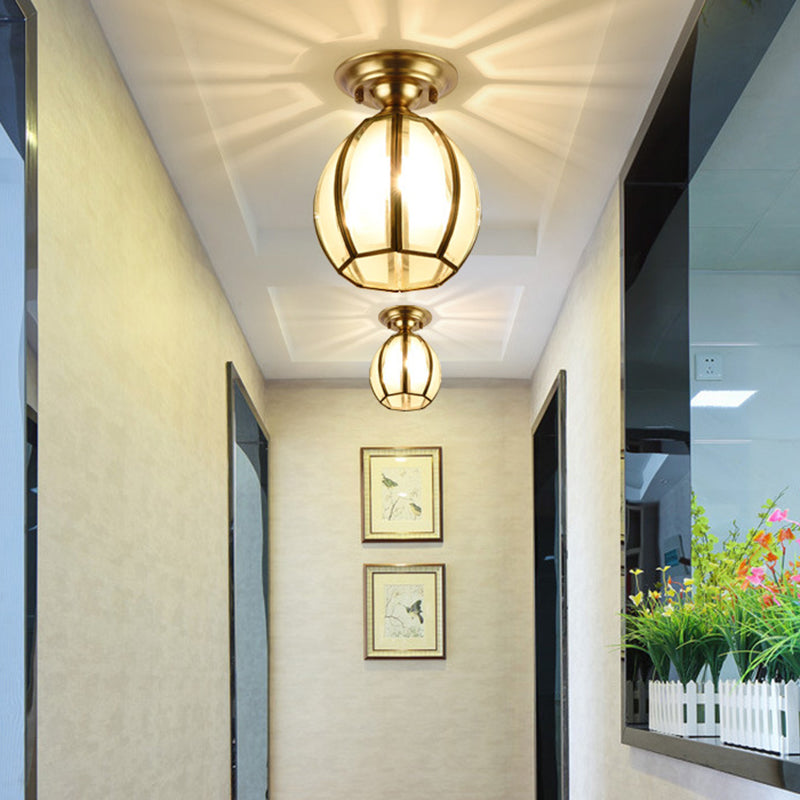 Brass Cup Semi Flush Mount Lamp Traditionary Frosted Glass 1 Bulb Ceiling Mounted Light for Living Room Clearhalo 'Ceiling Lights' 'Close To Ceiling Lights' 'Close to ceiling' 'Glass shade' 'Glass' 'Pendant Lights' 'Semi-flushmount' Lighting' 237671