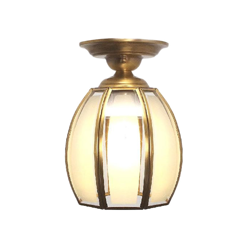 Brass Cup Semi Flush Mount Lamp Traditionary Frosted Glass 1 Bulb Ceiling Mounted Light for Living Room Clearhalo 'Ceiling Lights' 'Close To Ceiling Lights' 'Close to ceiling' 'Glass shade' 'Glass' 'Pendant Lights' 'Semi-flushmount' Lighting' 237672