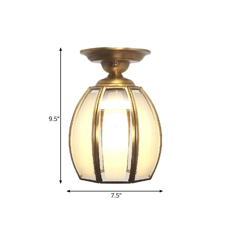 Brass Cup Semi Flush Mount Lamp Traditionary Frosted Glass 1 Bulb Ceiling Mounted Light for Living Room Clearhalo 'Ceiling Lights' 'Close To Ceiling Lights' 'Close to ceiling' 'Glass shade' 'Glass' 'Pendant Lights' 'Semi-flushmount' Lighting' 237673