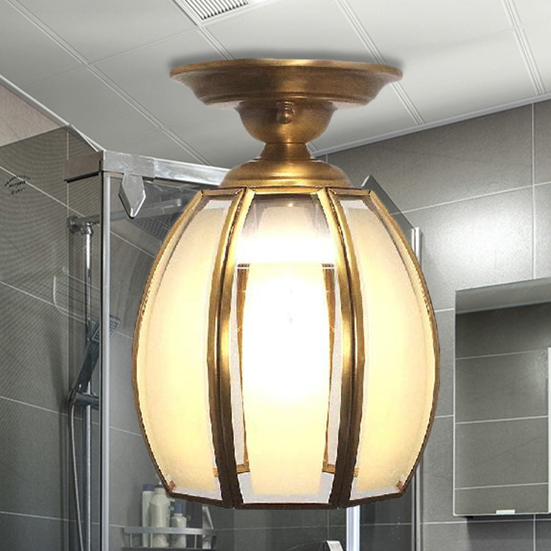 Brass Cup Semi Flush Mount Lamp Traditionary Frosted Glass 1 Bulb Ceiling Mounted Light for Living Room Clearhalo 'Ceiling Lights' 'Close To Ceiling Lights' 'Close to ceiling' 'Glass shade' 'Glass' 'Pendant Lights' 'Semi-flushmount' Lighting' 237676