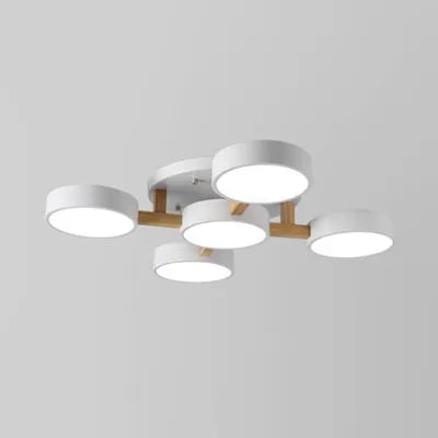 Living Room Drum Ceiling Light Wood Metal 5 Heads Macaron Loft Semi Flush Mount Light White Clearhalo 'Ceiling Lights' 'Close To Ceiling Lights' 'Close to ceiling' 'Semi-flushmount' Lighting' 23768