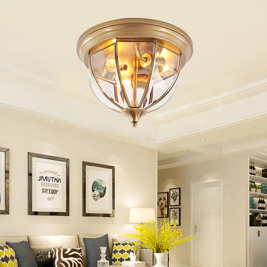 Hemisphere Clear Glass Flush Light Fixture Traditionary 3 Heads Brass Ceiling Mount Chandelier for Living Room Brass Clearhalo 'Ceiling Lights' 'Close To Ceiling Lights' 'Close to ceiling' 'Flush mount' Lighting' 237709