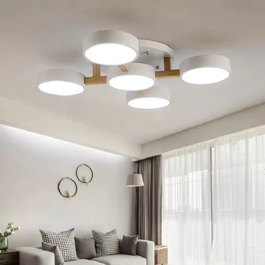 Living Room Drum Ceiling Light Wood Metal 5 Heads Macaron Loft Semi Flush Mount Light Clearhalo 'Ceiling Lights' 'Close To Ceiling Lights' 'Close to ceiling' 'Semi-flushmount' Lighting' 23770