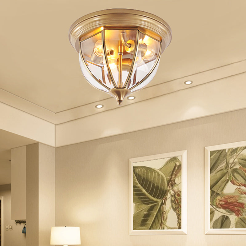 Hemisphere Clear Glass Flush Light Fixture Traditionary 3 Heads Brass Ceiling Mount Chandelier for Living Room Clearhalo 'Ceiling Lights' 'Close To Ceiling Lights' 'Close to ceiling' 'Flush mount' Lighting' 237711