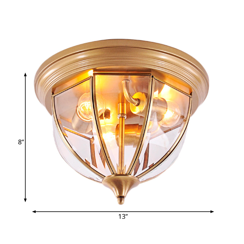 Hemisphere Clear Glass Flush Light Fixture Traditionary 3 Heads Brass Ceiling Mount Chandelier for Living Room Clearhalo 'Ceiling Lights' 'Close To Ceiling Lights' 'Close to ceiling' 'Flush mount' Lighting' 237713