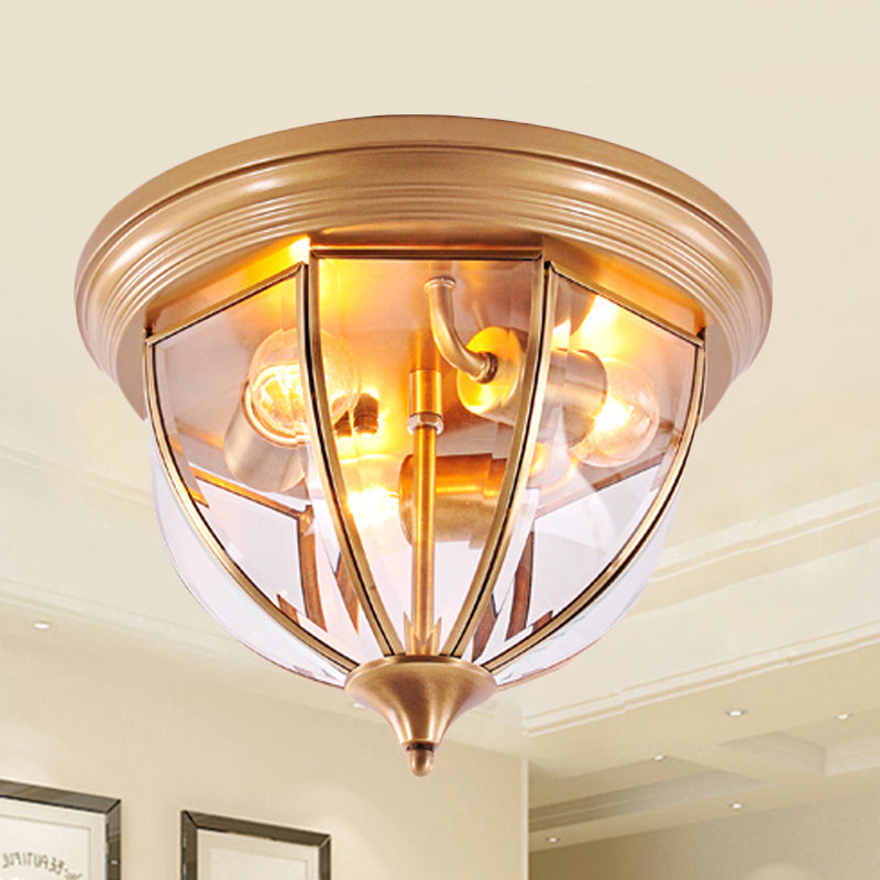 Hemisphere Clear Glass Flush Light Fixture Traditionary 3 Heads Brass Ceiling Mount Chandelier for Living Room Clearhalo 'Ceiling Lights' 'Close To Ceiling Lights' 'Close to ceiling' 'Flush mount' Lighting' 237714