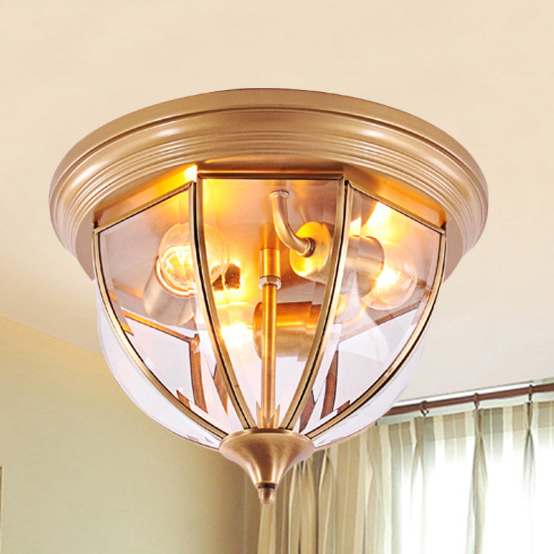 Hemisphere Clear Glass Flush Light Fixture Traditionary 3 Heads Brass Ceiling Mount Chandelier for Living Room Clearhalo 'Ceiling Lights' 'Close To Ceiling Lights' 'Close to ceiling' 'Flush mount' Lighting' 237715