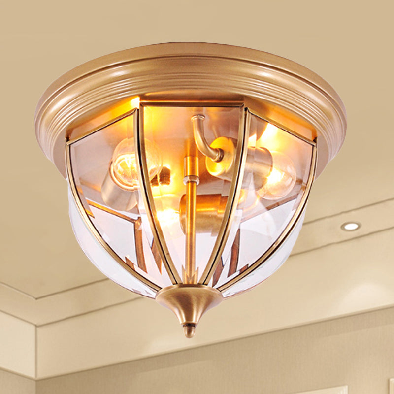 Hemisphere Clear Glass Flush Light Fixture Traditionary 3 Heads Brass Ceiling Mount Chandelier for Living Room Clearhalo 'Ceiling Lights' 'Close To Ceiling Lights' 'Close to ceiling' 'Flush mount' Lighting' 237716