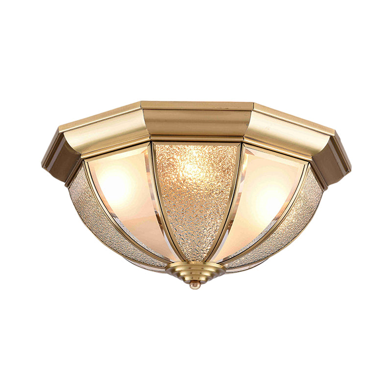 Brass Hemisphere Flush Mount Tradition 3/4 Bulbs Textured Glass Ceiling Light Fixture for Bedroom, 16"/19.5" Wide Clearhalo 'Ceiling Lights' 'Close To Ceiling Lights' 'Close to ceiling' 'Flush mount' Lighting' 237758