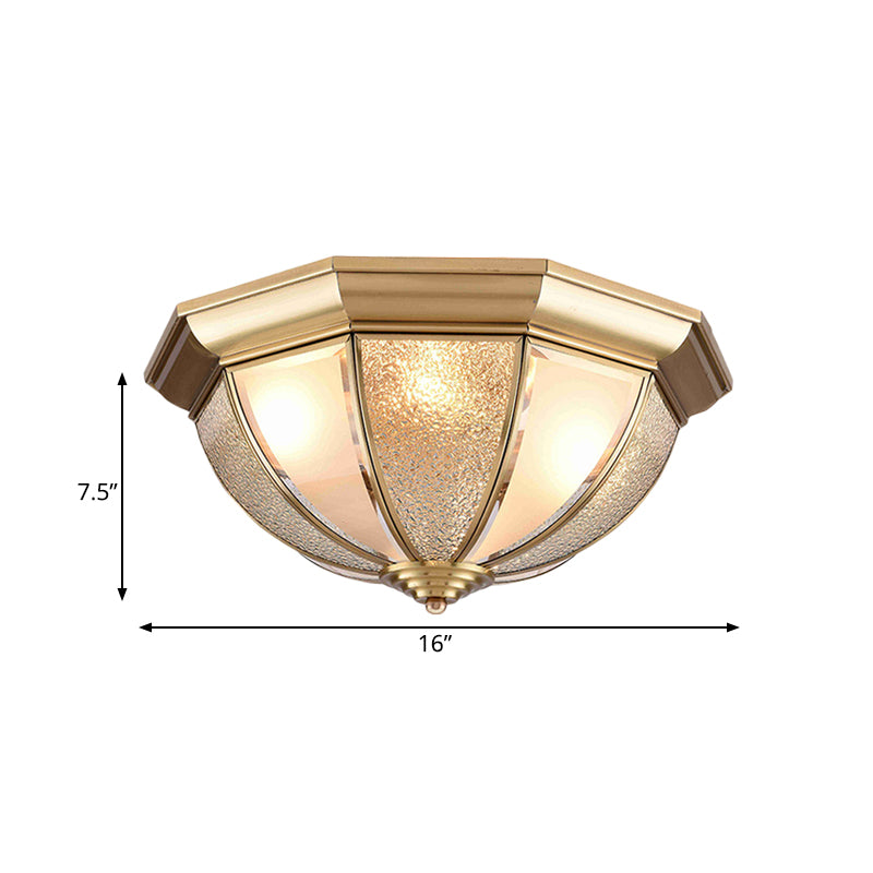 Brass Hemisphere Flush Mount Tradition 3/4 Bulbs Textured Glass Ceiling Light Fixture for Bedroom, 16"/19.5" Wide Clearhalo 'Ceiling Lights' 'Close To Ceiling Lights' 'Close to ceiling' 'Flush mount' Lighting' 237759