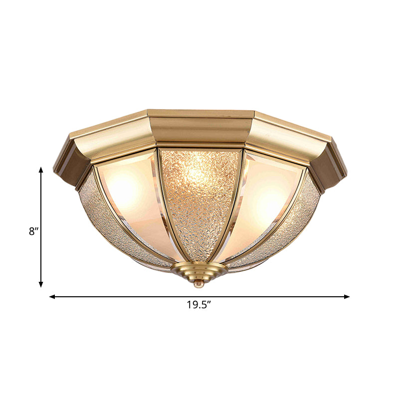 Brass Hemisphere Flush Mount Tradition 3/4 Bulbs Textured Glass Ceiling Light Fixture for Bedroom, 16"/19.5" Wide Clearhalo 'Ceiling Lights' 'Close To Ceiling Lights' 'Close to ceiling' 'Flush mount' Lighting' 237760