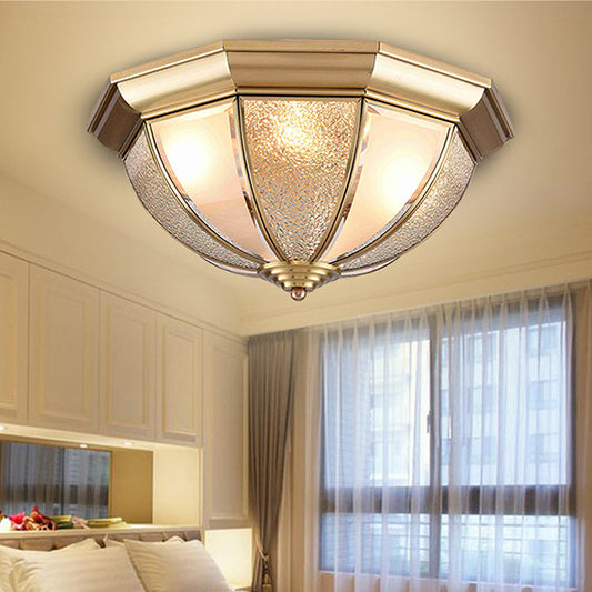 Brass Hemisphere Flush Mount Tradition 3/4 Bulbs Textured Glass Ceiling Light Fixture for Bedroom, 16"/19.5" Wide Brass Clearhalo 'Ceiling Lights' 'Close To Ceiling Lights' 'Close to ceiling' 'Flush mount' Lighting' 237763