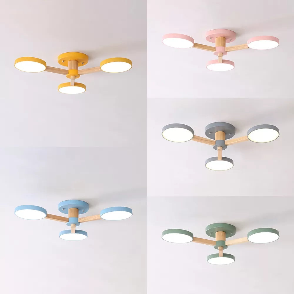 Macaron Stylish Round Ceiling Lamp Metal Wood 3 Lights Undertint Semi Flush Ceiling Light for Cafe Clearhalo 'Ceiling Lights' 'Close To Ceiling Lights' 'Close to ceiling' 'Semi-flushmount' Lighting' 23783