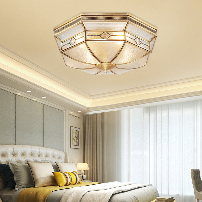 Octagon Flush Mount Tradition Textured Glass Brass 4 Bulbs Ceiling Light Fixture for Bedroom Clearhalo 'Ceiling Lights' 'Close To Ceiling Lights' 'Close to ceiling' 'Flush mount' Lighting' 237838