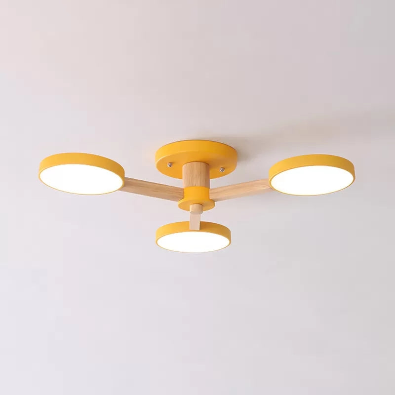 Macaron Stylish Round Ceiling Lamp Metal Wood 3 Lights Undertint Semi Flush Ceiling Light for Cafe Yellow Clearhalo 'Ceiling Lights' 'Close To Ceiling Lights' 'Close to ceiling' 'Semi-flushmount' Lighting' 23784