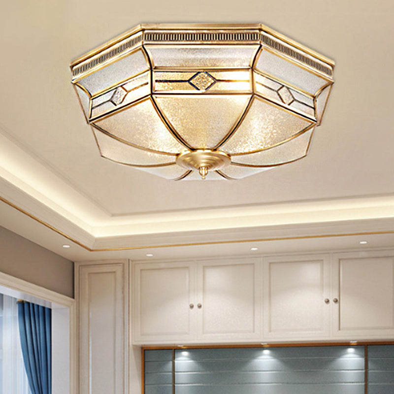 Octagon Flush Mount Tradition Textured Glass Brass 4 Bulbs Ceiling Light Fixture for Bedroom Clearhalo 'Ceiling Lights' 'Close To Ceiling Lights' 'Close to ceiling' 'Flush mount' Lighting' 237844