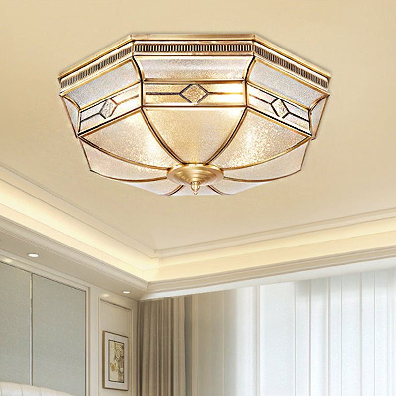 Octagon Flush Mount Tradition Textured Glass Brass 4 Bulbs Ceiling Light Fixture for Bedroom Clearhalo 'Ceiling Lights' 'Close To Ceiling Lights' 'Close to ceiling' 'Flush mount' Lighting' 237845