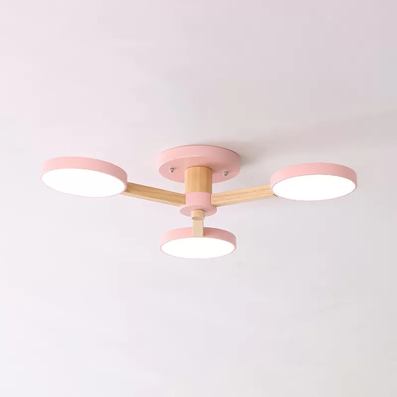 Macaron Stylish Round Ceiling Lamp Metal Wood 3 Lights Undertint Semi Flush Ceiling Light for Cafe Pink Clearhalo 'Ceiling Lights' 'Close To Ceiling Lights' 'Close to ceiling' 'Semi-flushmount' Lighting' 23785