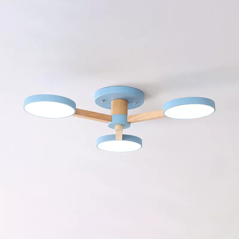 Macaron Stylish Round Ceiling Lamp Metal Wood 3 Lights Undertint Semi Flush Ceiling Light for Cafe Blue Clearhalo 'Ceiling Lights' 'Close To Ceiling Lights' 'Close to ceiling' 'Semi-flushmount' Lighting' 23786