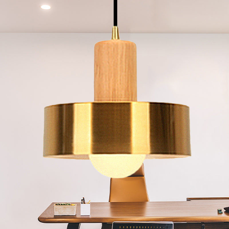 Modern Drum Shape Pendant Light 1 Light Metallic Ceiling Pendant Lamp in Gold for Kitchen Light Wood 12" Clearhalo 'Ceiling Lights' 'Modern Pendants' 'Modern' 'Pendant Lights' 'Pendants' Lighting' 237861