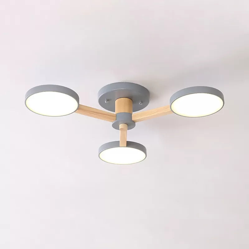 Macaron Stylish Round Ceiling Lamp Metal Wood 3 Lights Undertint Semi Flush Ceiling Light for Cafe Grey Clearhalo 'Ceiling Lights' 'Close To Ceiling Lights' 'Close to ceiling' 'Semi-flushmount' Lighting' 23787