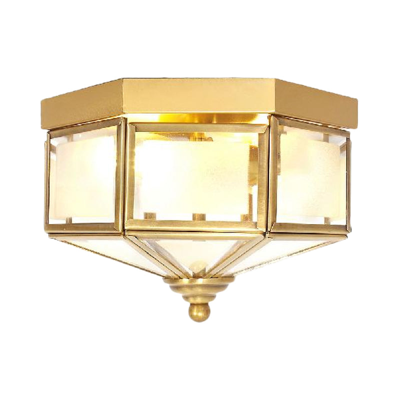 3 Bulbs Geometric Flush Light Traditionary Frosted Glass Ceiling Mounted Fixture in Brass for Balcony Clearhalo 'Ceiling Lights' 'Close To Ceiling Lights' 'Close to ceiling' 'Flush mount' Lighting' 237871