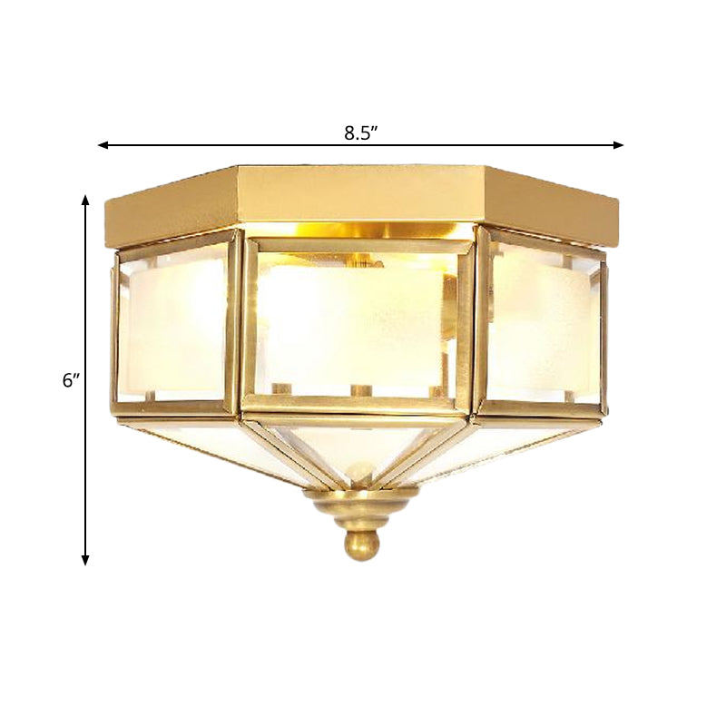 3 Bulbs Geometric Flush Light Traditionary Frosted Glass Ceiling Mounted Fixture in Brass for Balcony Clearhalo 'Ceiling Lights' 'Close To Ceiling Lights' 'Close to ceiling' 'Flush mount' Lighting' 237872