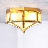 3 Bulbs Geometric Flush Light Traditionary Frosted Glass Ceiling Mounted Fixture in Brass for Balcony Clearhalo 'Ceiling Lights' 'Close To Ceiling Lights' 'Close to ceiling' 'Flush mount' Lighting' 237873