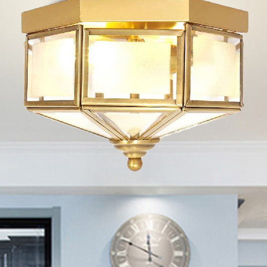 3 Bulbs Geometric Flush Light Traditionary Frosted Glass Ceiling Mounted Fixture in Brass for Balcony Brass Clearhalo 'Ceiling Lights' 'Close To Ceiling Lights' 'Close to ceiling' 'Flush mount' Lighting' 237874