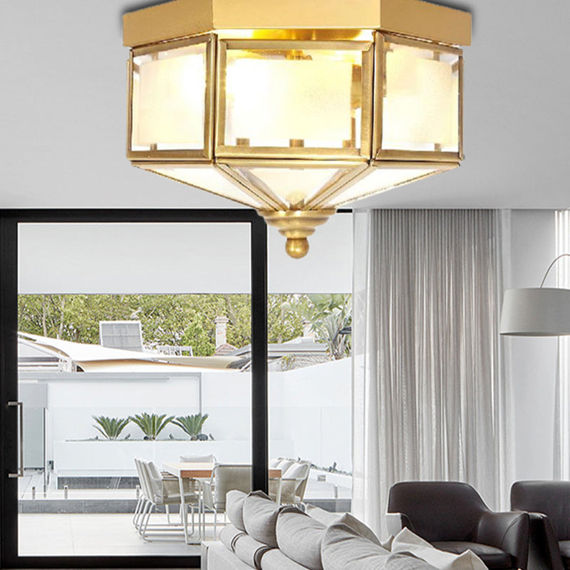 3 Bulbs Geometric Flush Light Traditionary Frosted Glass Ceiling Mounted Fixture in Brass for Balcony Clearhalo 'Ceiling Lights' 'Close To Ceiling Lights' 'Close to ceiling' 'Flush mount' Lighting' 237876