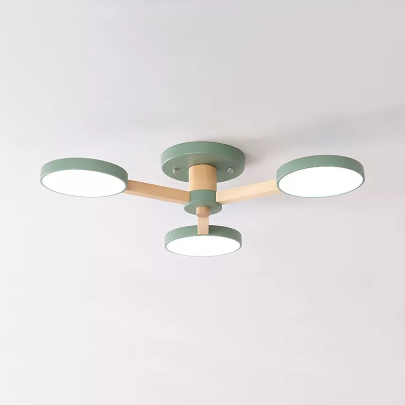 Macaron Stylish Round Ceiling Lamp Metal Wood 3 Lights Undertint Semi Flush Ceiling Light for Cafe Green Clearhalo 'Ceiling Lights' 'Close To Ceiling Lights' 'Close to ceiling' 'Semi-flushmount' Lighting' 23788