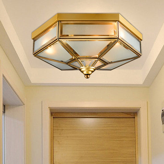 Hexagon Flush Mount Traditional Frosted Glass 14"/18" Wide 3/4 Bulbs Brass Ceiling Mount Chandelier Brass Clearhalo 'Ceiling Lights' 'Close To Ceiling Lights' 'Close to ceiling' 'Flush mount' Lighting' 237889