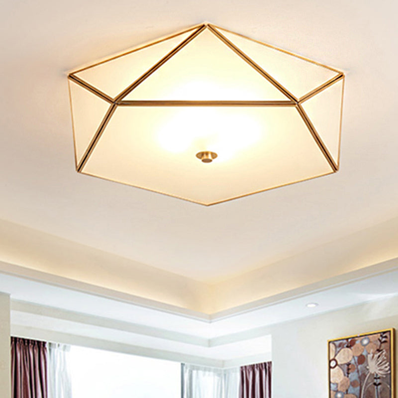 Geometric White Glass Flush Light Fixture Traditionary 3 Heads Ceiling Mount Chandelier for Living Room Clearhalo 'Ceiling Lights' 'Close To Ceiling Lights' 'Close to ceiling' 'Flush mount' Lighting' 237905