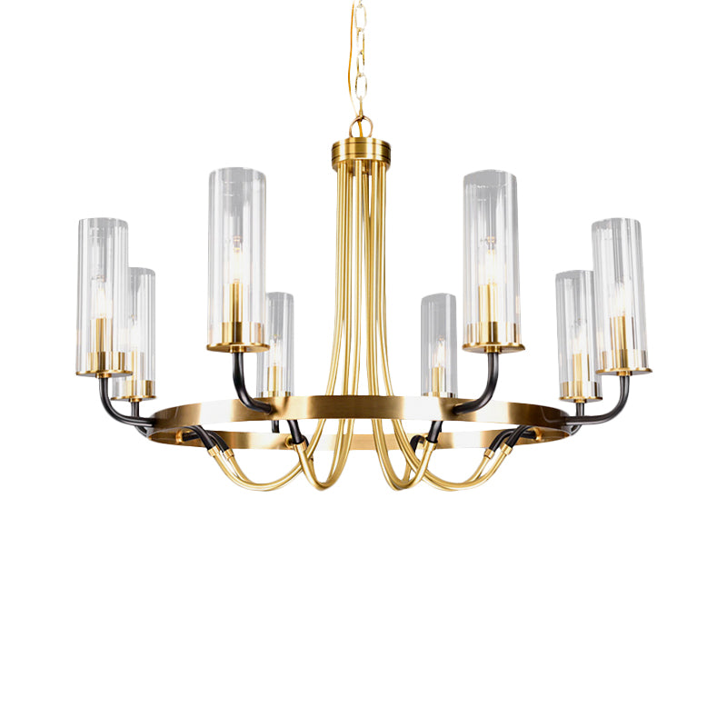 6/8 Lights Pendant Light Classic Tube Clear Glass Hanging Chandelier in Black/Gold with Wheel Design Clearhalo 'Ceiling Lights' 'Chandeliers' Lighting' options 237909