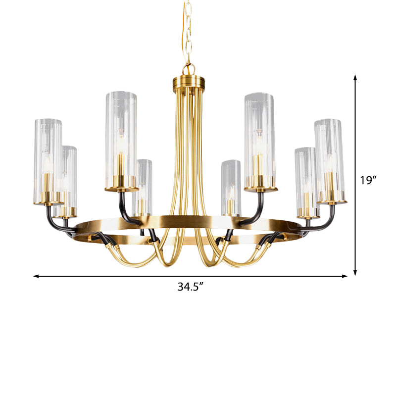 6/8 Lights Pendant Light Classic Tube Clear Glass Hanging Chandelier in Black/Gold with Wheel Design Clearhalo 'Ceiling Lights' 'Chandeliers' Lighting' options 237910